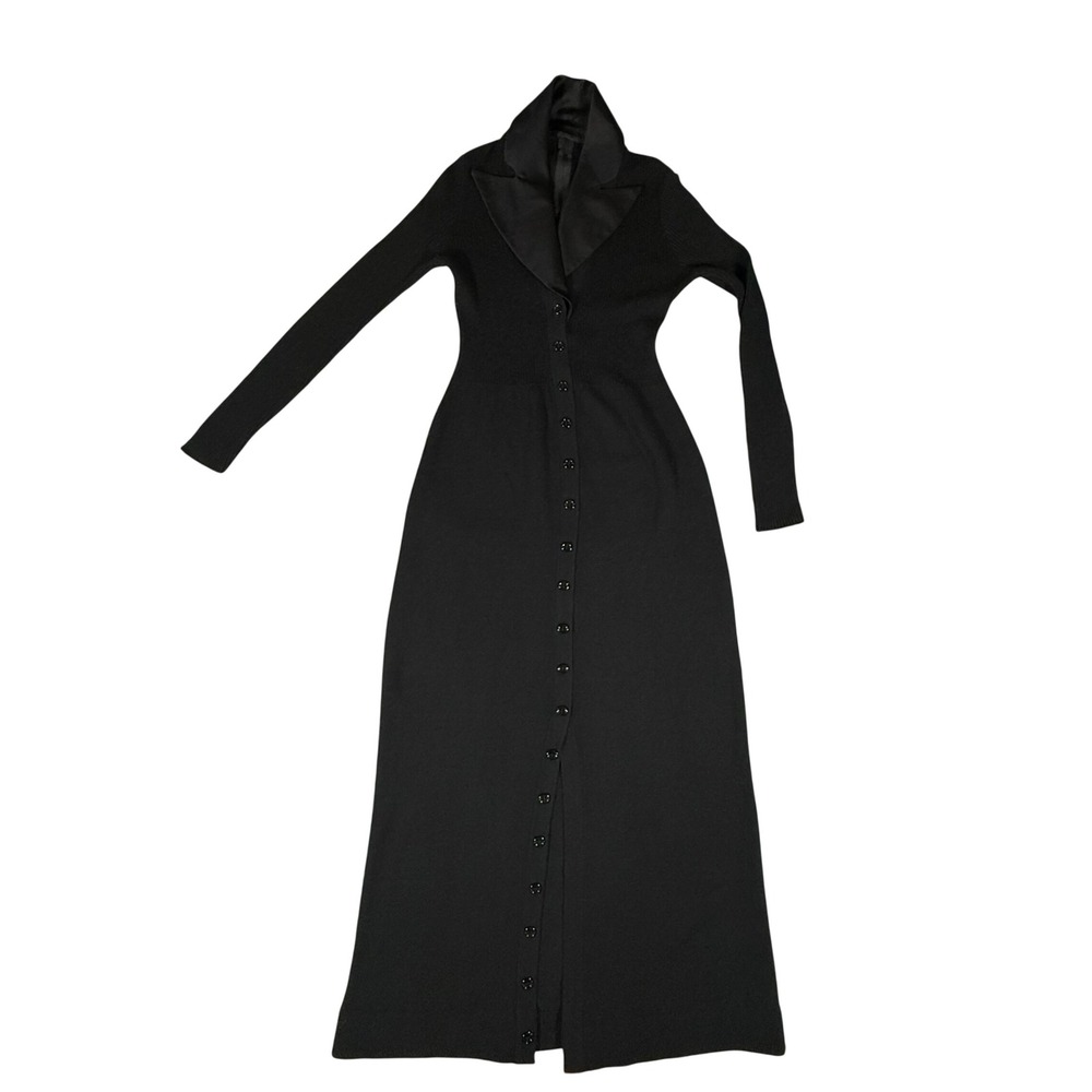 VTG Tuxedo Maxi Dress Womens S Black Ribbed Knit Satin Lapel Button Down Goth
